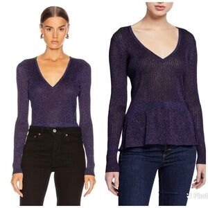 Veronica Beard Esmeralda V Neck Pullover Ribbed Sweater Purple Sparkle XS‎